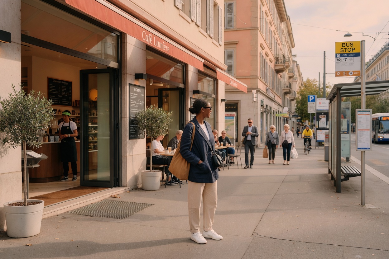 A traveler pauses on the sidewalk outside a staffed cafe, with a bus stop a short walk away.